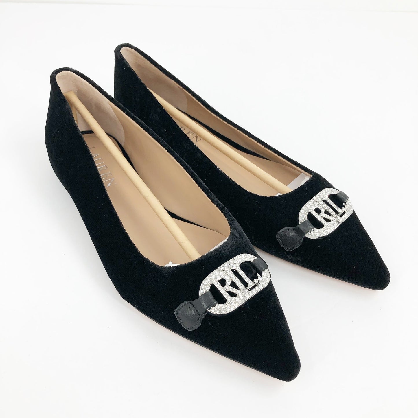 LAUREN RALPH LAUREN Lilah Velvet Ballet Flat Size 6 Black Pointed Toe Logo NWOB