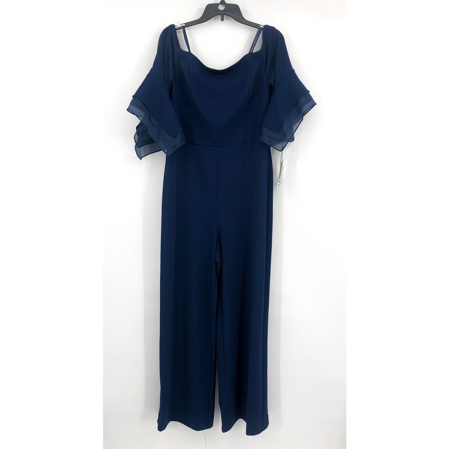 ADRIANNA PAPELL Organza Crepe Jumpsuit Size 14 Navy Blue Satin Off Shoulder NWT