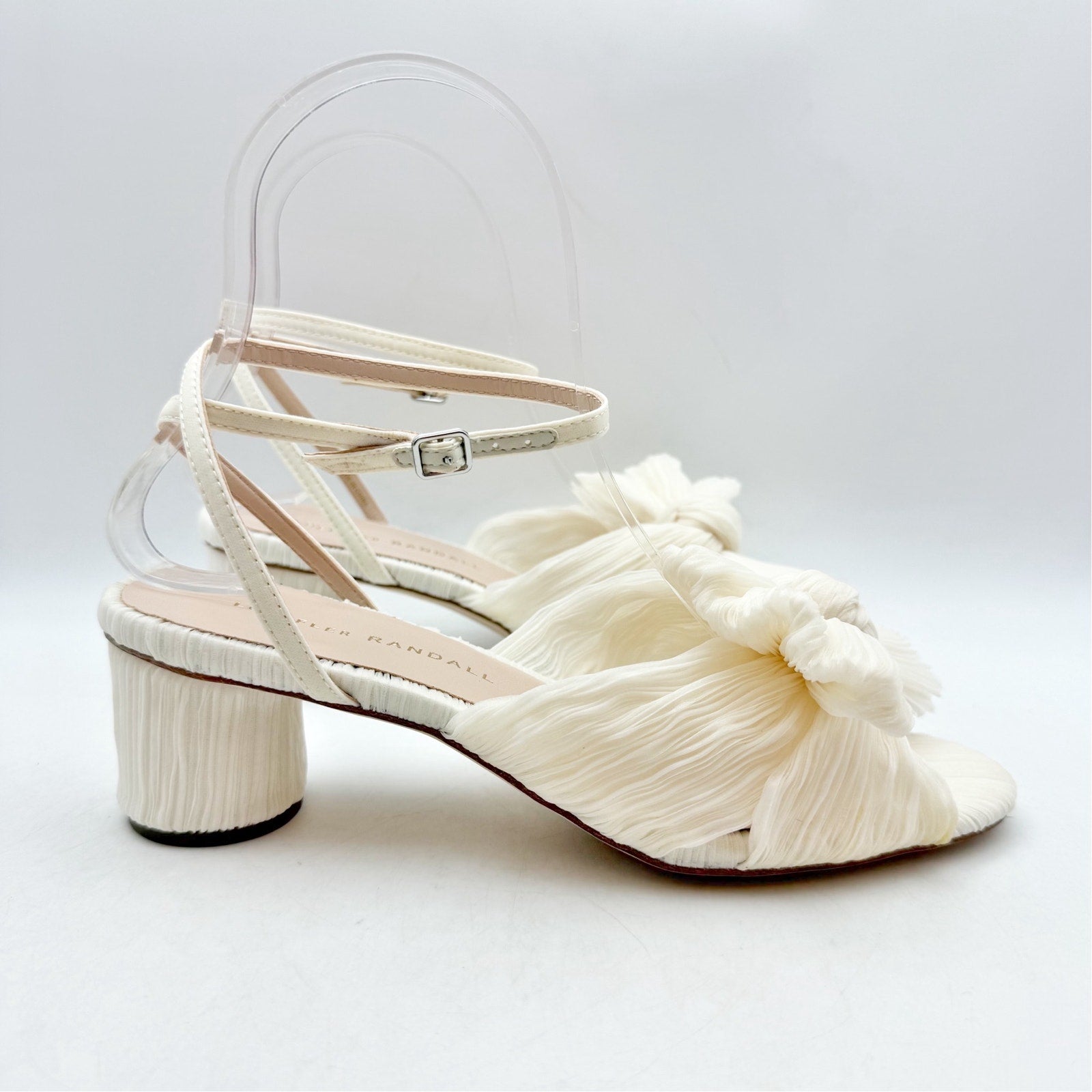 Loeffler Randall Women Dahlia Pleated Bow Heels US 6 Pearl Ivory Ankle Strap NIB