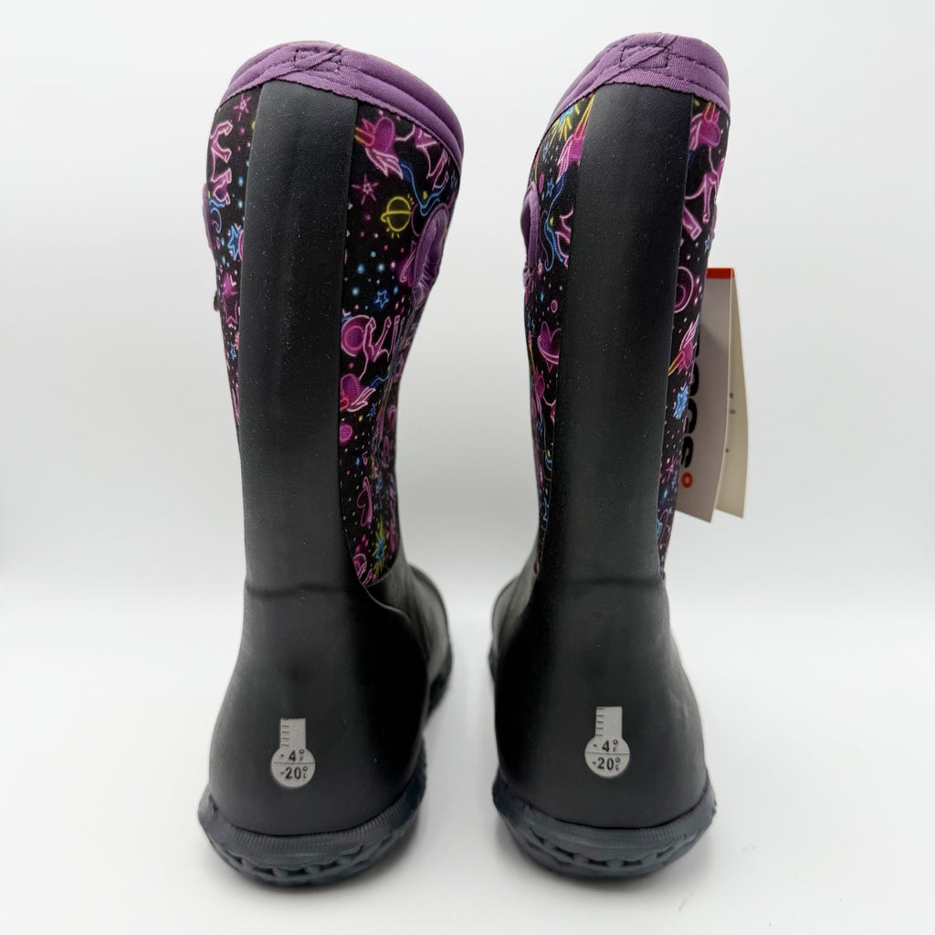 Bogs Girls York Rain Boots Size 5 Black Purple Neon Unicorn Waterproof NWOB