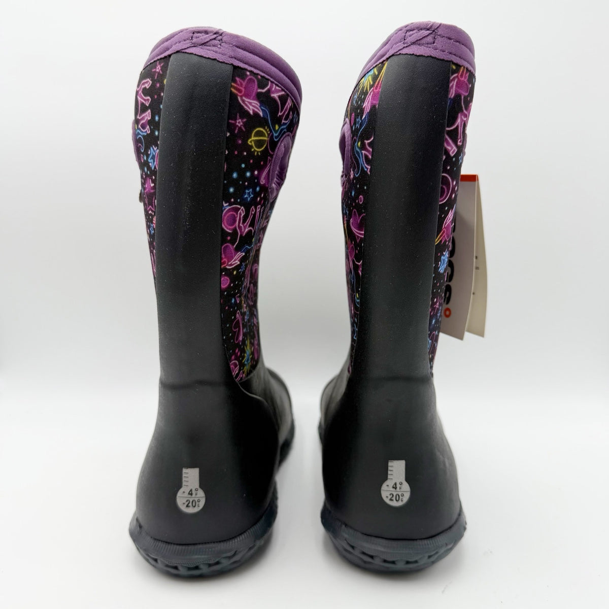 Bogs Girls York Rain Boots Size 5 Black Purple Neon Unicorn Waterproof NWOB