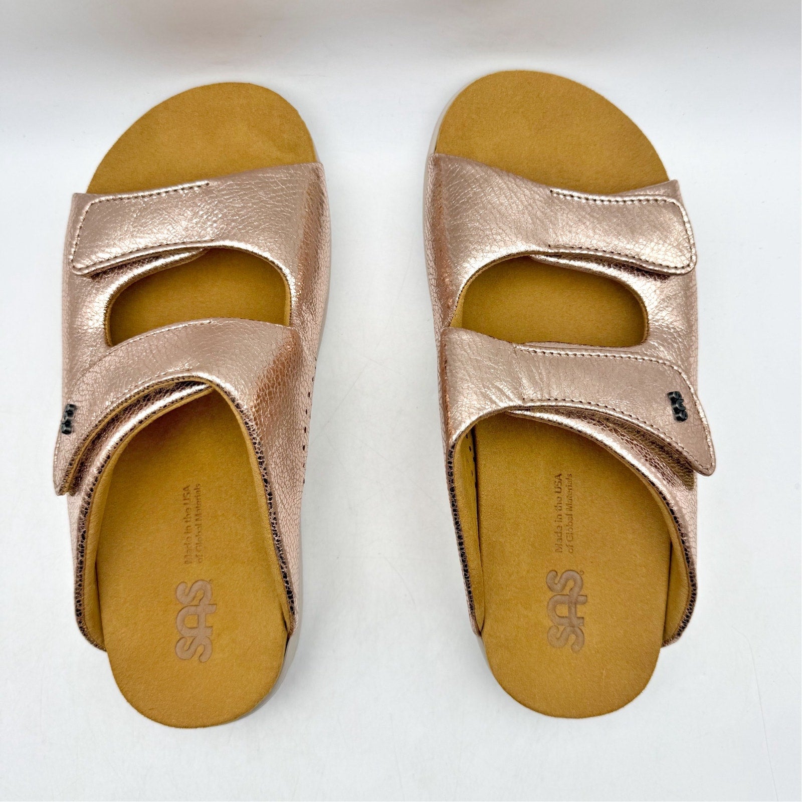 SAS Womens Cozy Adjustable Slide Sandals US 9 Wide Pink Metallic Leather NIB