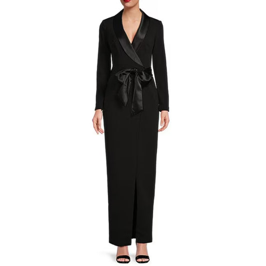 ELIZA J Womens Wrap Tuxedo Gown Size 4 Black Scuba Crepe Long Sleeve NWT