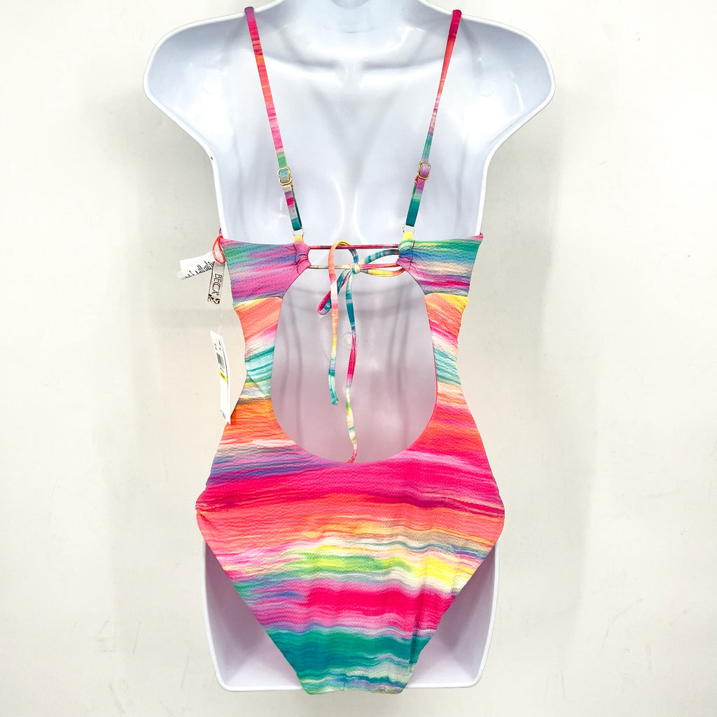 BECCA Women's Verano Plunge Neck One Piece Swimsuit Medium Pink Yellow NWT