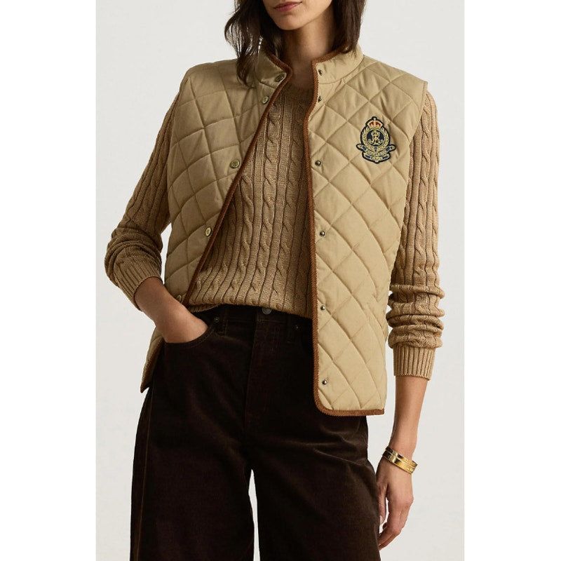 LAUREN RALPH LAUREN Womens Crest Patch Diamond Quilted Vest XL Birch Tan NWT