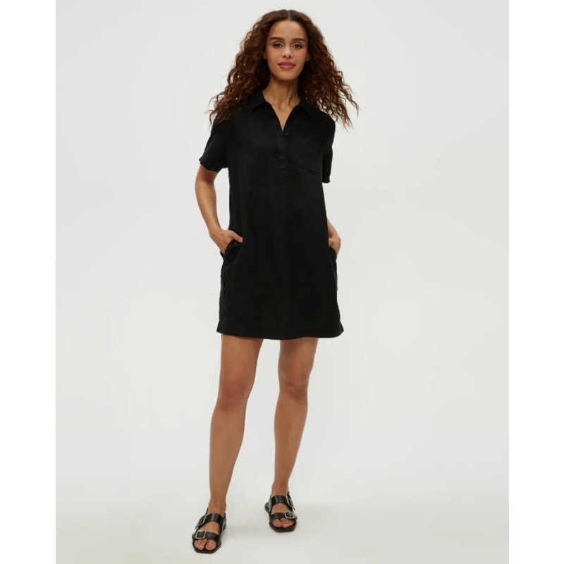 MICHAEL STARS Women's Ola Utility Dress Medium Black Short Sleeve Linen NWT