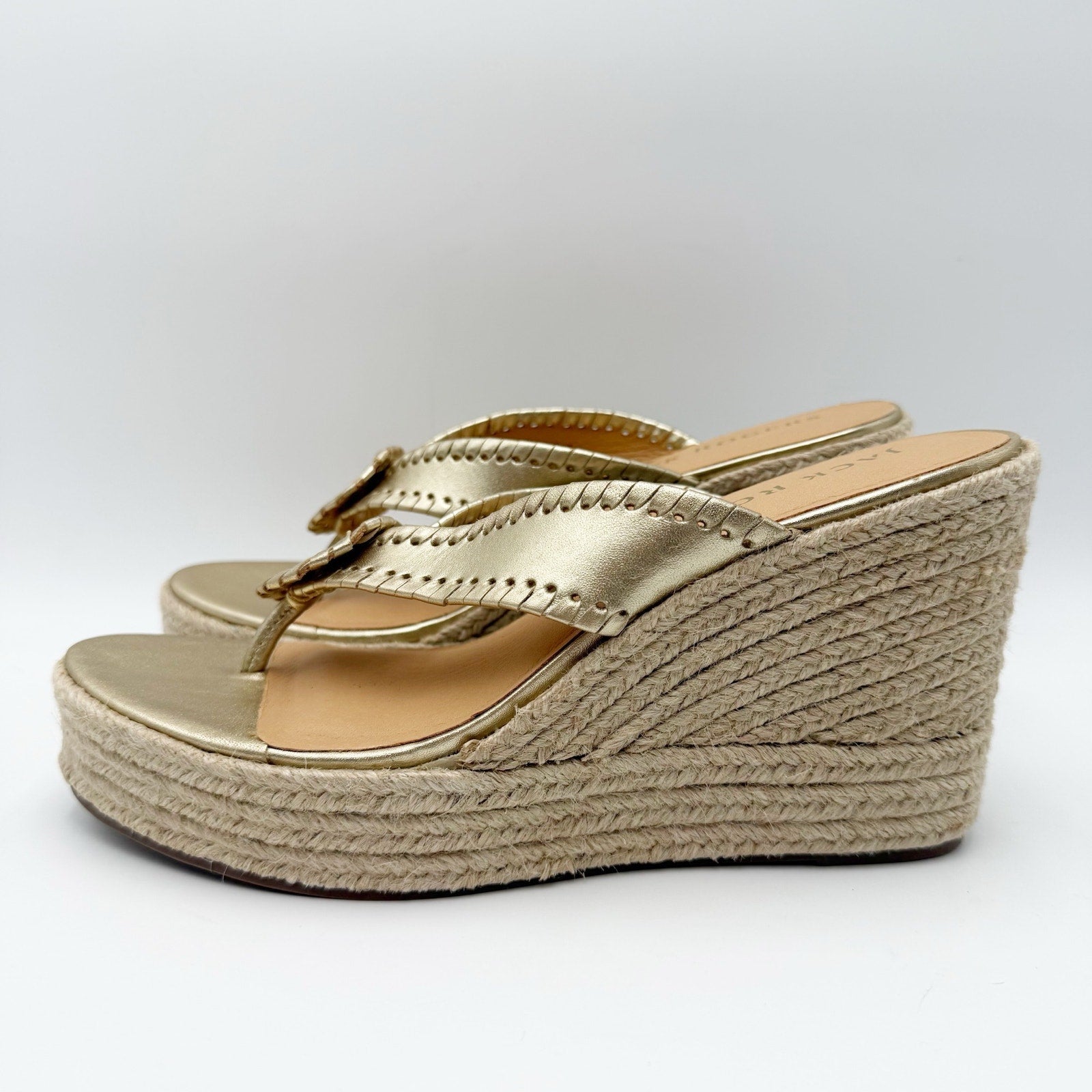 Jack Rogers Womens Rowan Espadrille Sandals Size 8.5 Platinum Gold Leather NWOB