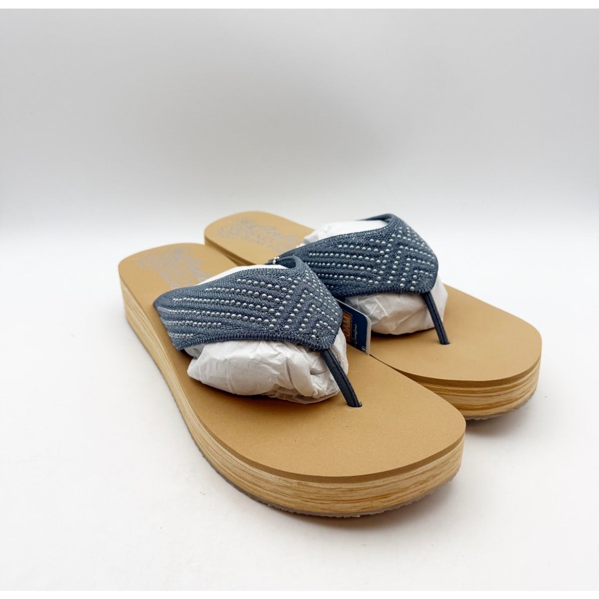 Skechers Women's Summers Mid Wedge Thong Sandals Size 9 EU 39 Slate Blue Tan NIB