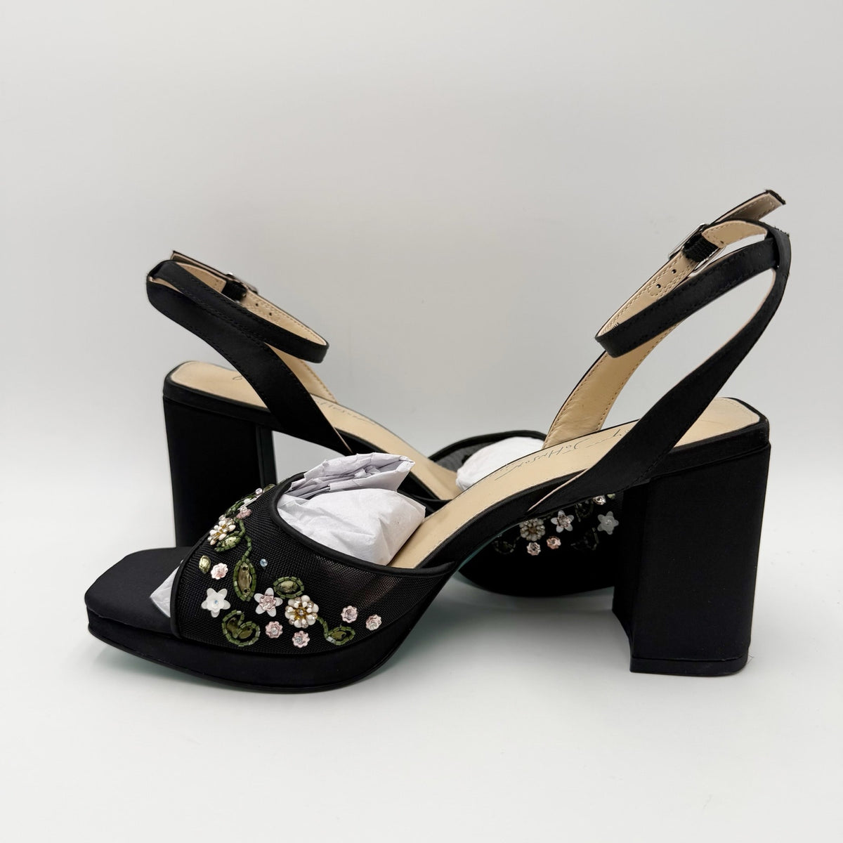 Betsey Johnson Womens Kirra Platform Heel Sandals US 8.5 Black Floral Beaded NIB
