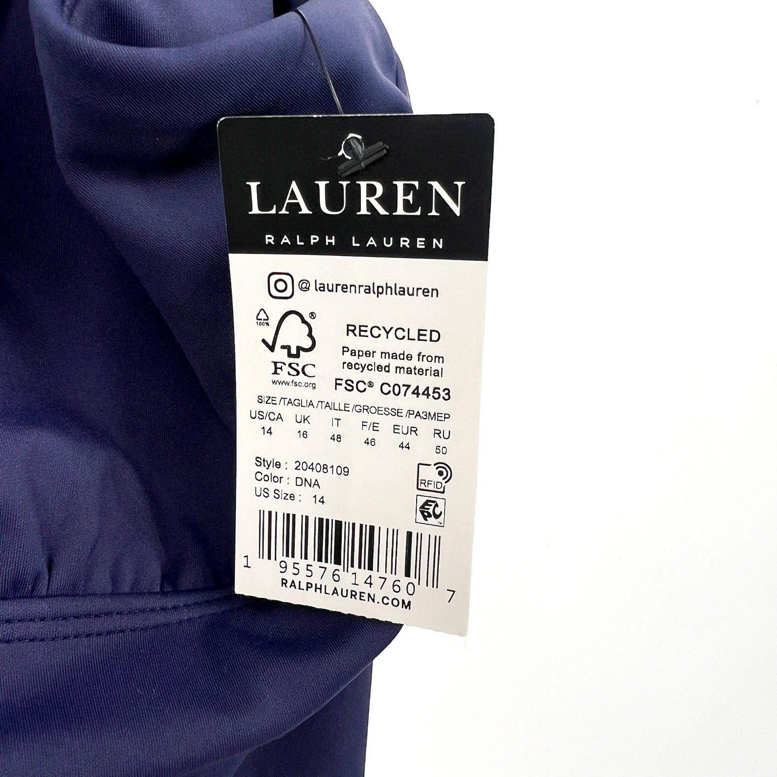 LAUREN RALPH LAUREN V-Neck One-Piece Swimsuit Size 14 Navy Blue Modern NWT