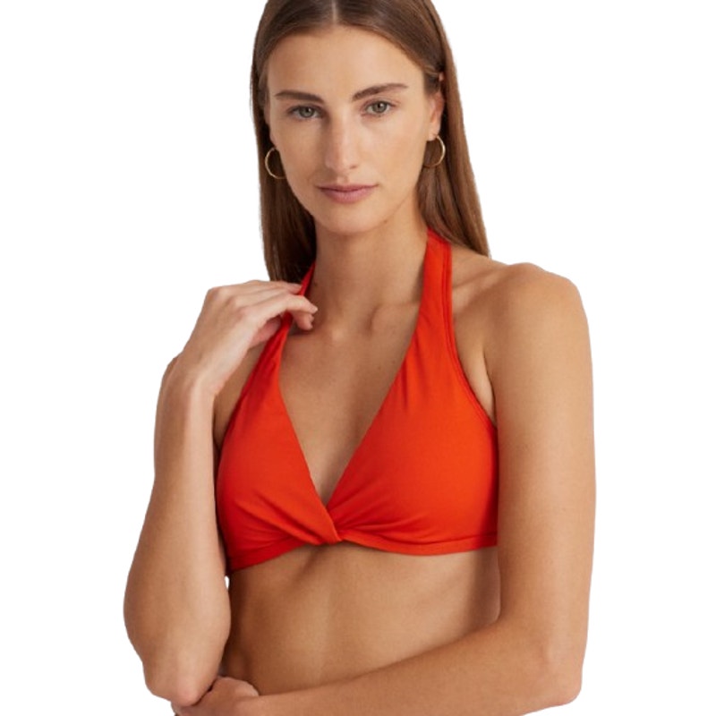 LAUREN RALPH LAUREN Twist-Front Bikini Top Size 12 Red Orange Halter NWT