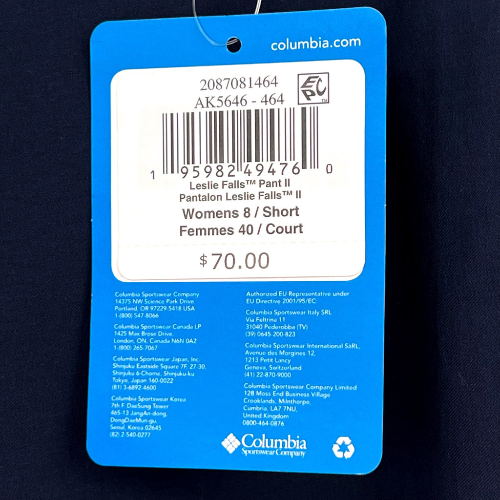 COLUMBIA Womens Leslie Falls Pants II Size 8 Collegiate Navy Blue 29" Inseam NWT