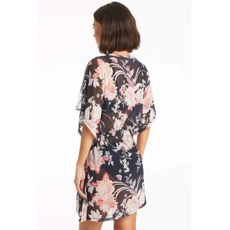 SEA LEVEL Women's Martini Mesh Kaftan Cover Up Small Black Multi Floral NWOT