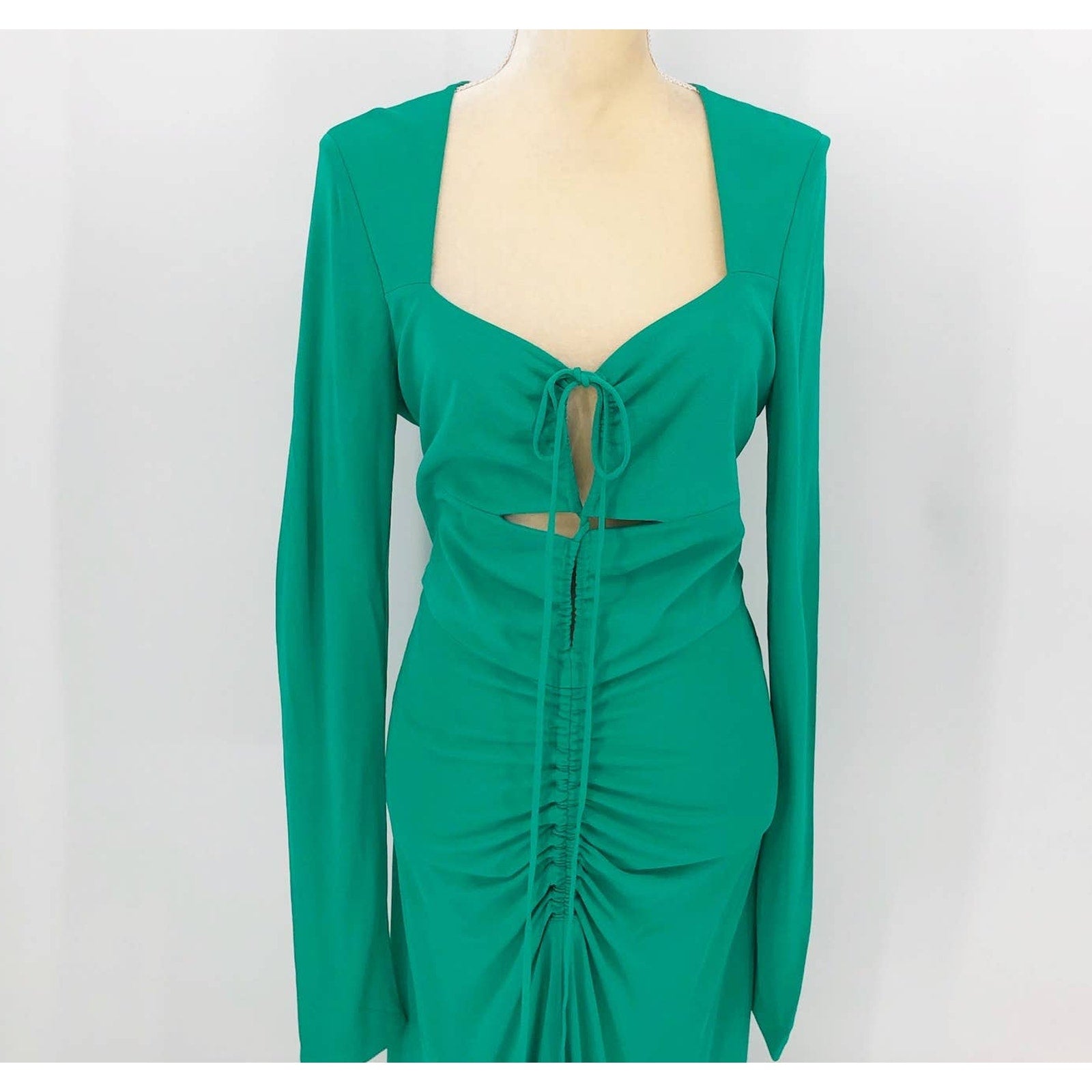 Rebecca Vallance Womens Riccardo Ruched Gown 10 Green Cutout Long Sleeve NWOT