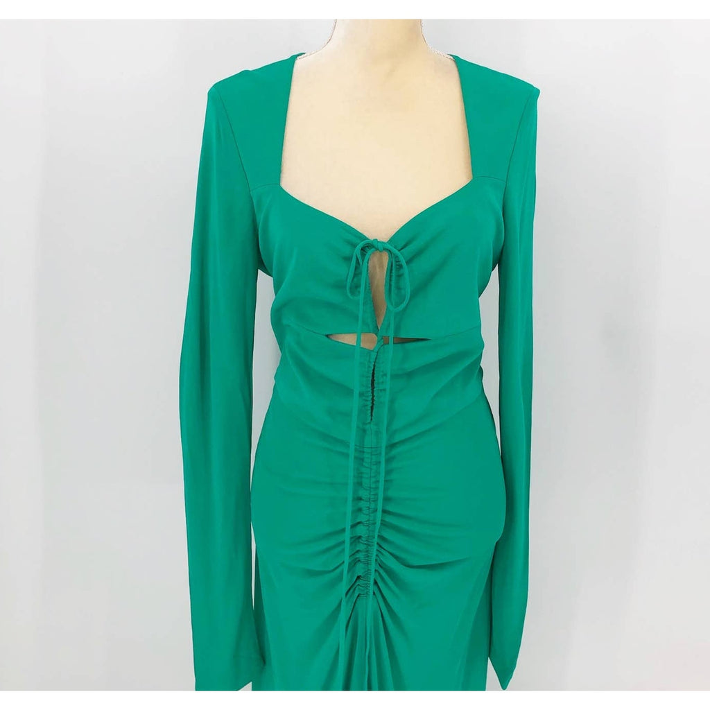 Rebecca Vallance Womens Riccardo Ruched Gown 10 Green Cutout Long Sleeve NWOT