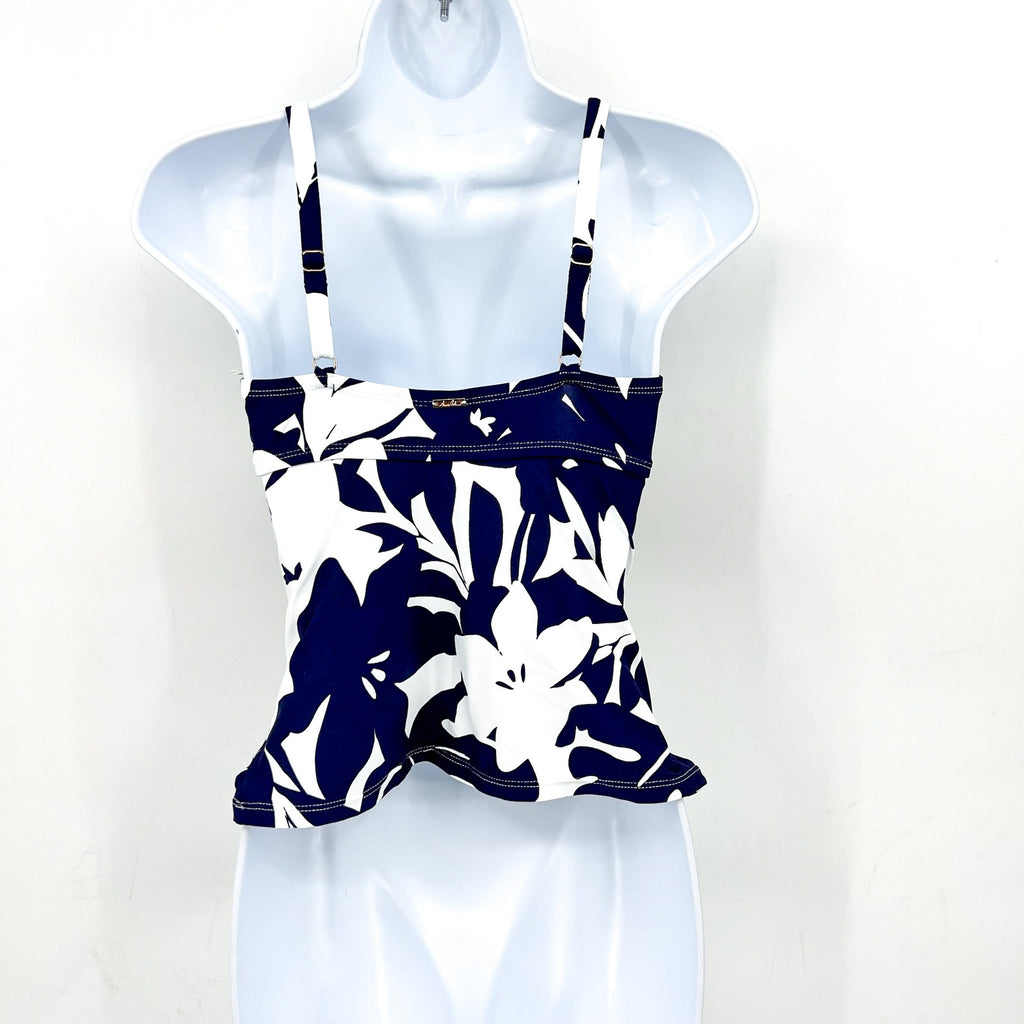 ANNE COLE Womens Tankini Swim Top 32DD - 34D Blue White Coastal Palms V-Wire NWT
