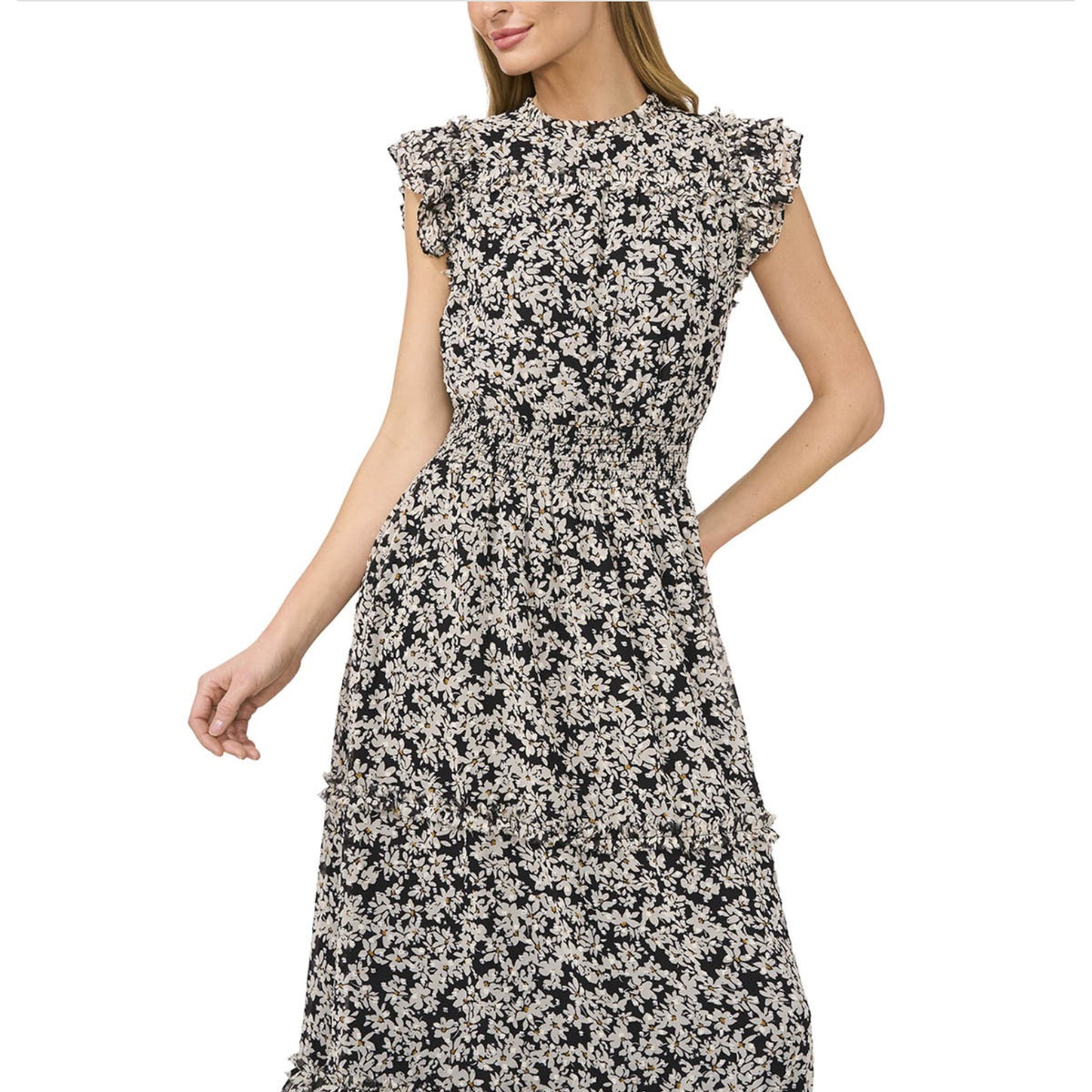 CECE Women's Floral Print Midi Dress Small Black White Smocked Waist NWT
