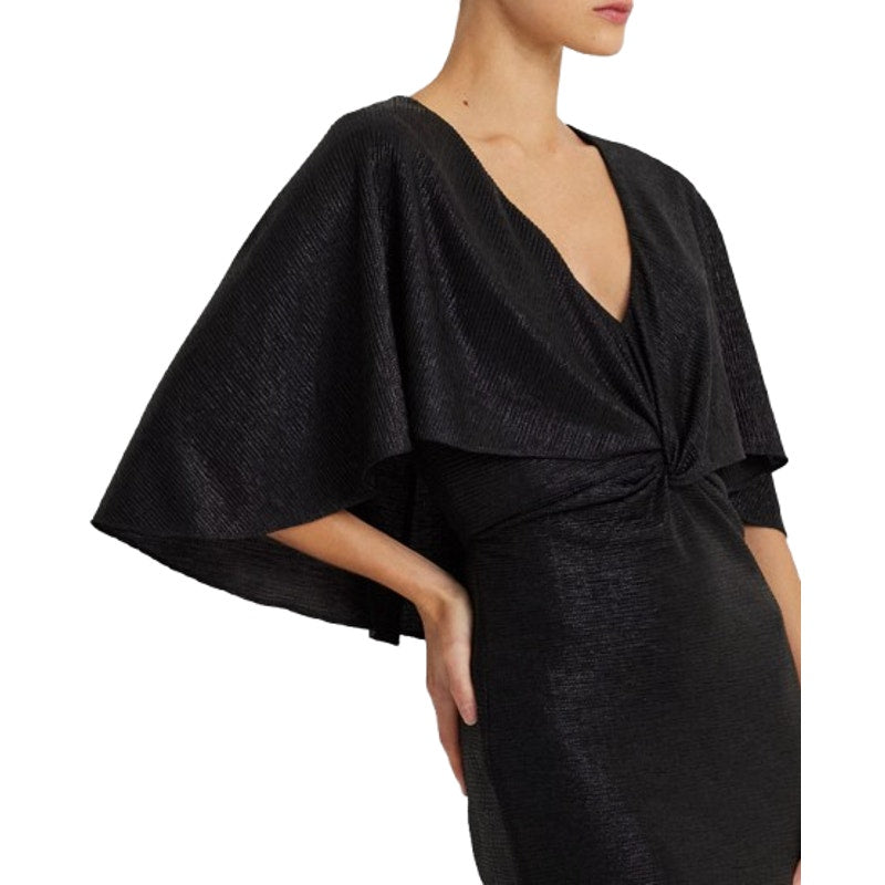 LAUREN RALPH LAUREN Twist-Front Cape Gown Size 6 Black Metallic Knit Dress NWT