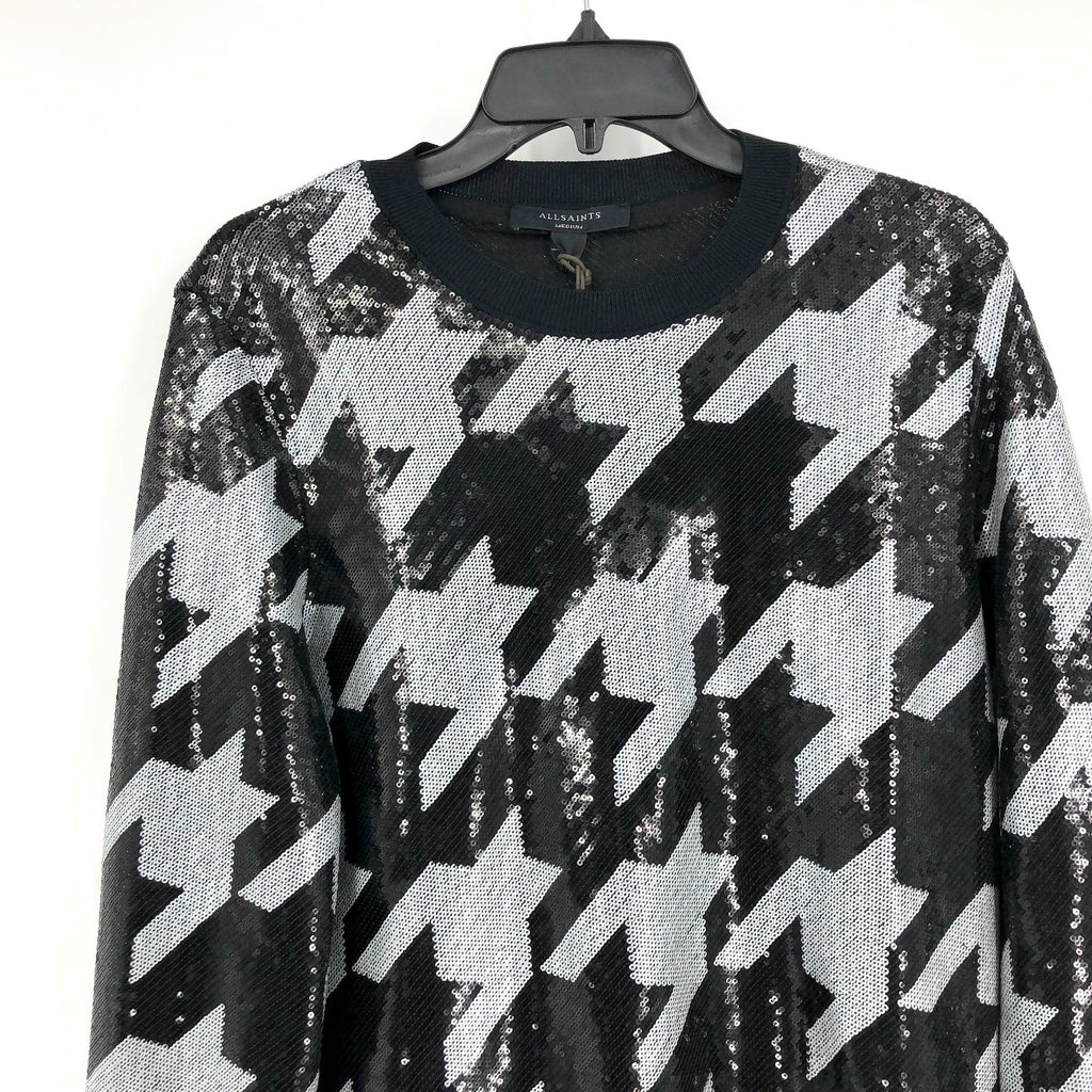 ALLSAINTS Juela Toni Sequin Check Mini Dress Medium Black White Long Sleeve NWT