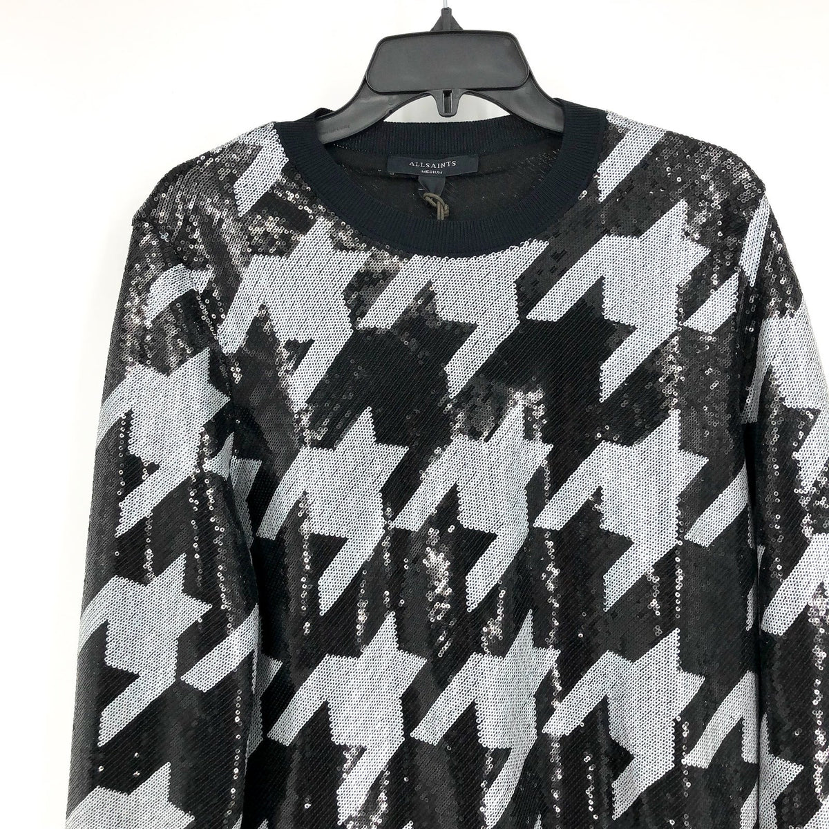 ALLSAINTS Juela Toni Sequin Check Mini Dress Medium Black White Long Sleeve NWT