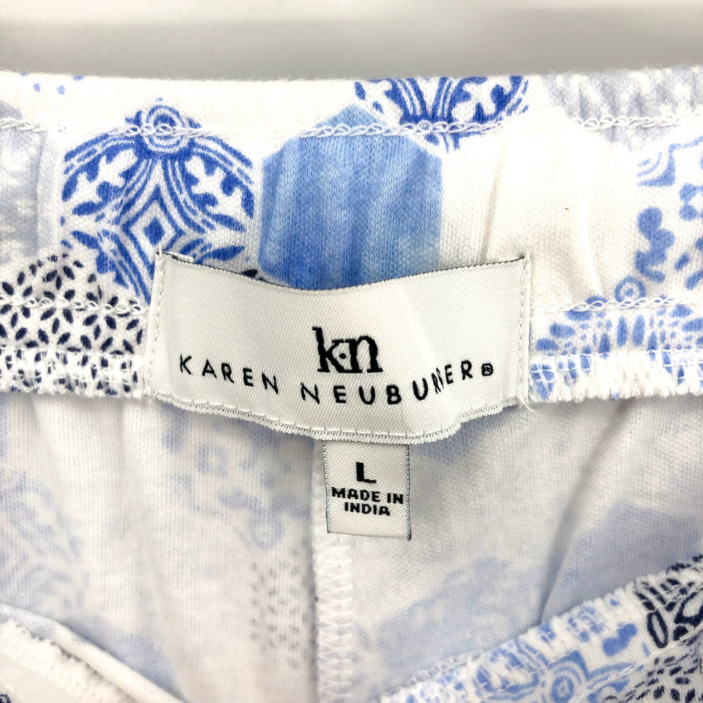 KAREN NEUBURGER Women's Crop Pajama Pants Large White Blue Mosaic NWT