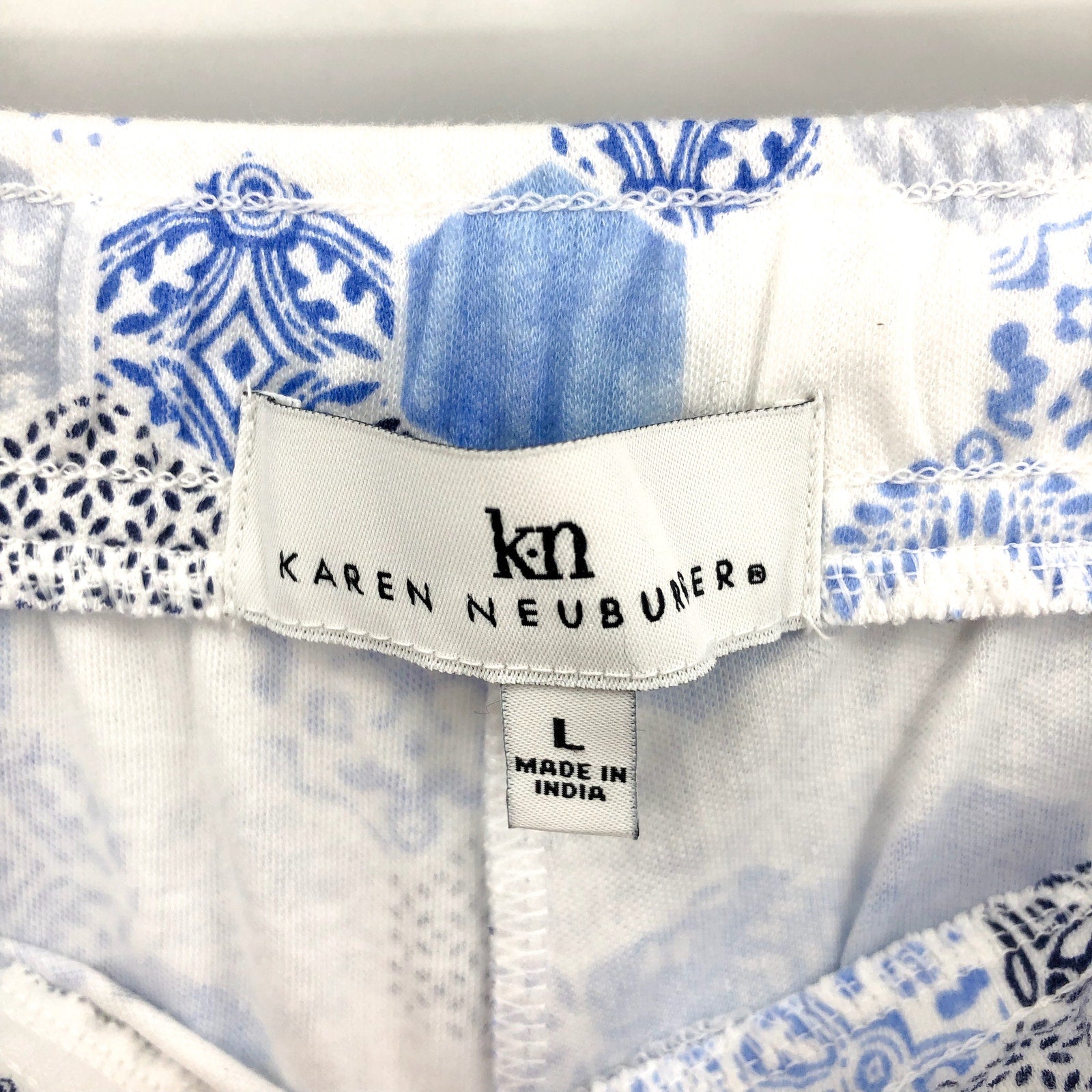 KAREN NEUBURGER Women's Crop Pajama Pants Large White Blue Mosaic NWT