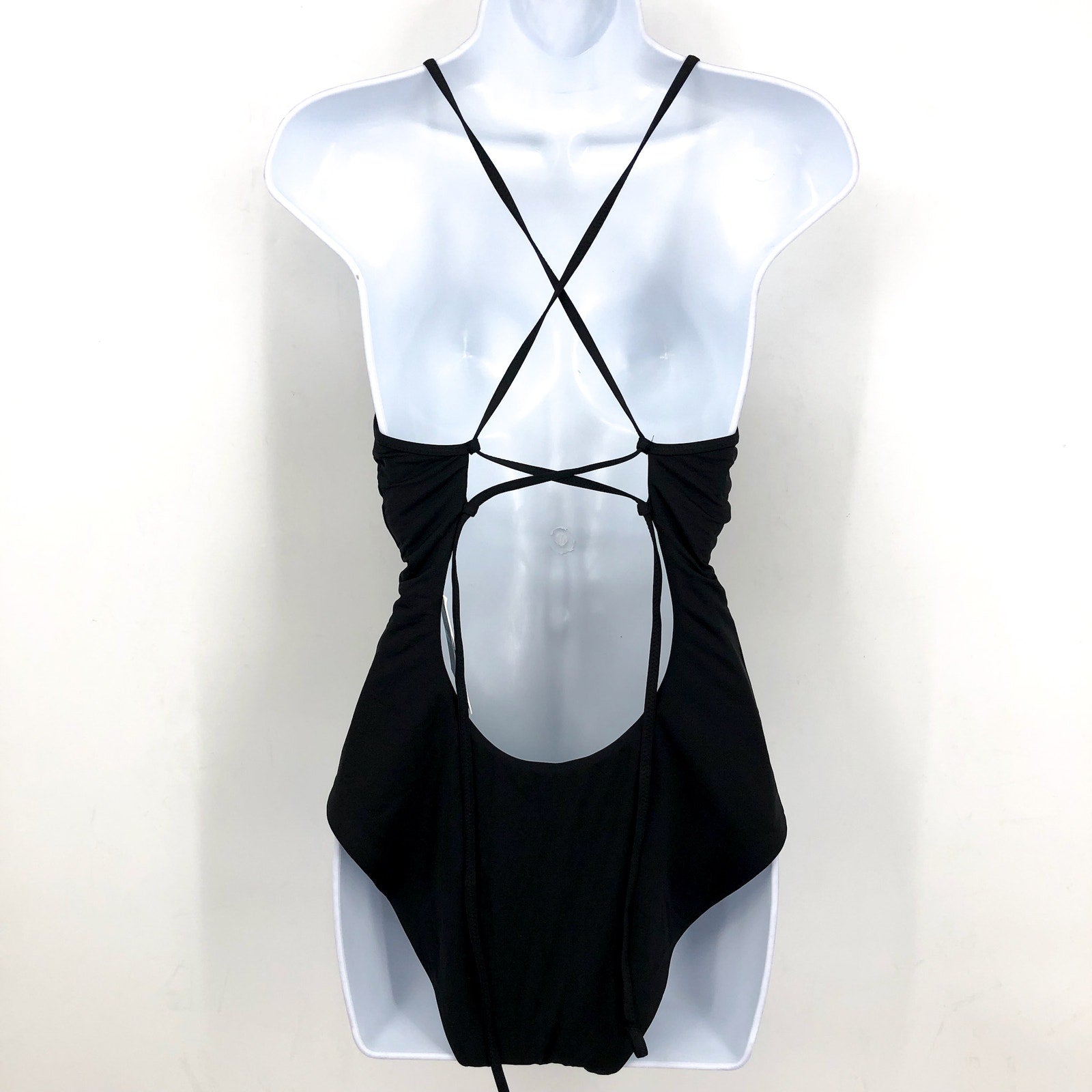BECCA Women's Layla Plunge One-Piece Swimsuit Medium Black Open Back NWT