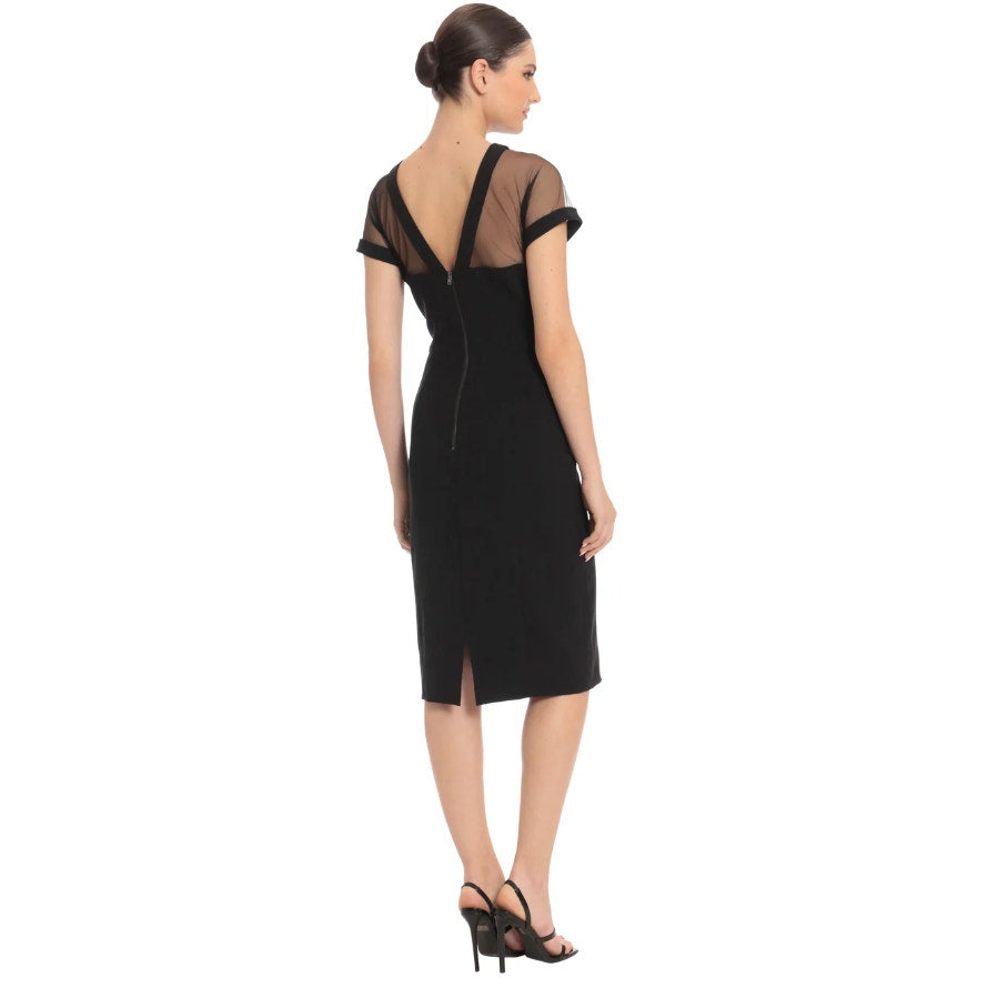 MAGGY LONDON Women's Short Sleeve Illusion Sheath Dress Size 4 Black V Back NWT