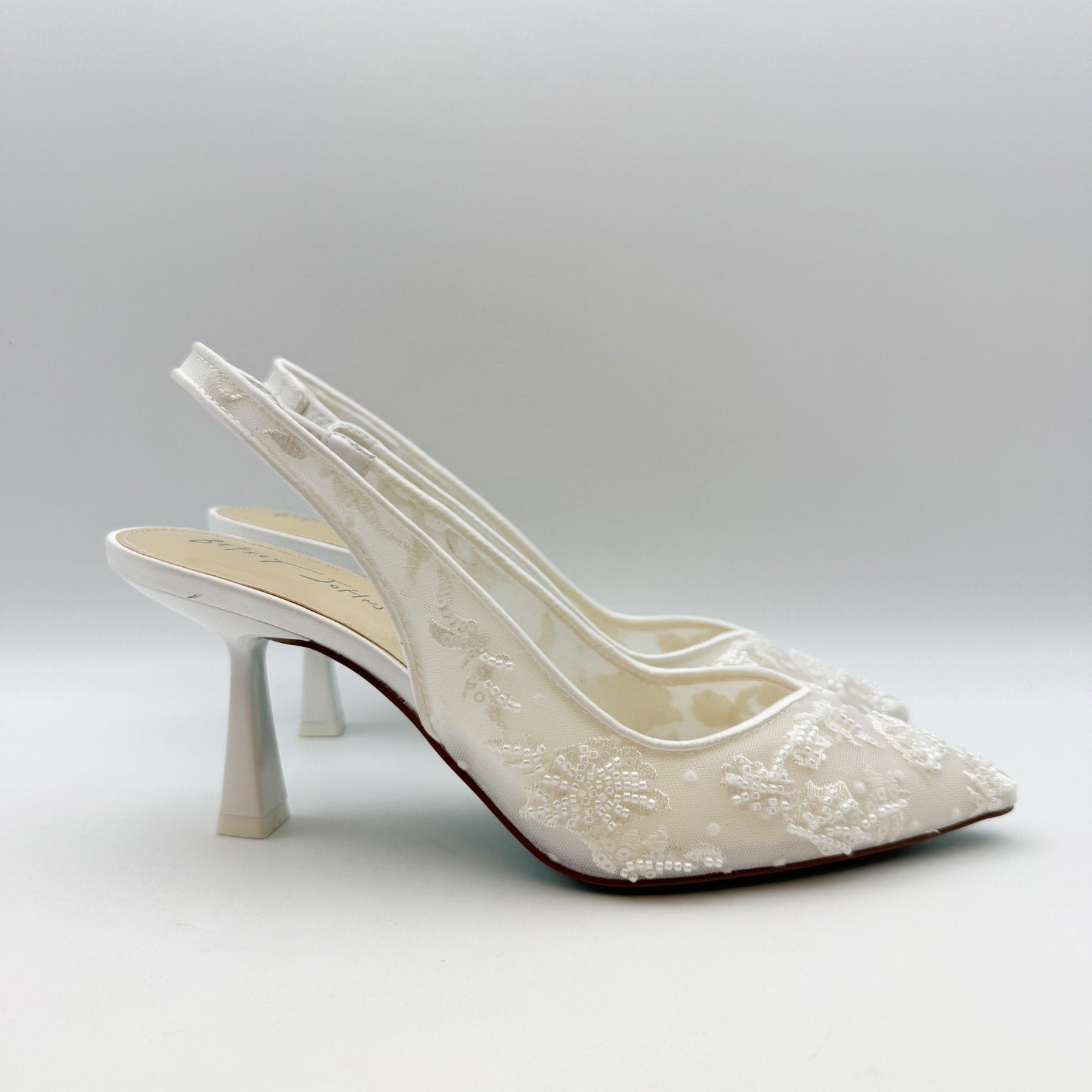 Blue Betsey Johnson Womens Nikki High Heels Size 7.5 White Lace Sling Back NWOB