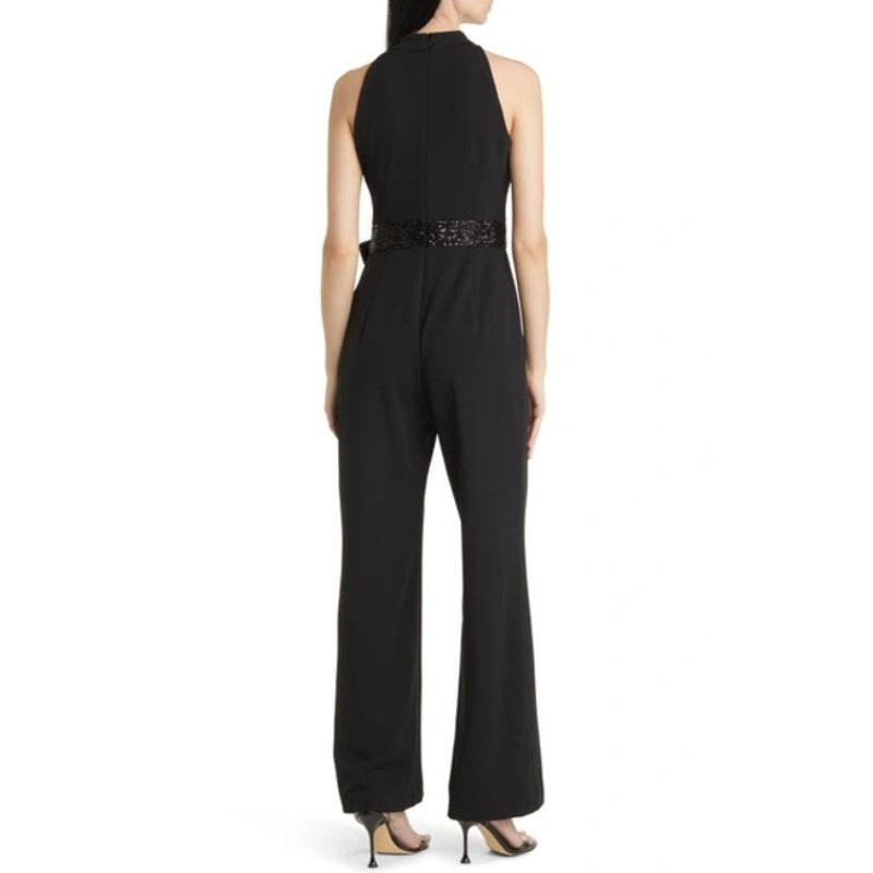 ELIZA J Sequin Bow Detail Sleeveless Jumpsuit SIZE 6 Black Tie Neck NWT