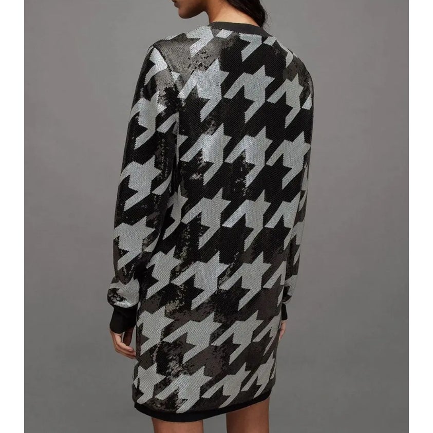 ALLSAINTS Juela Toni Sequin Check Mini Dress Medium Black White Long Sleeve NWT