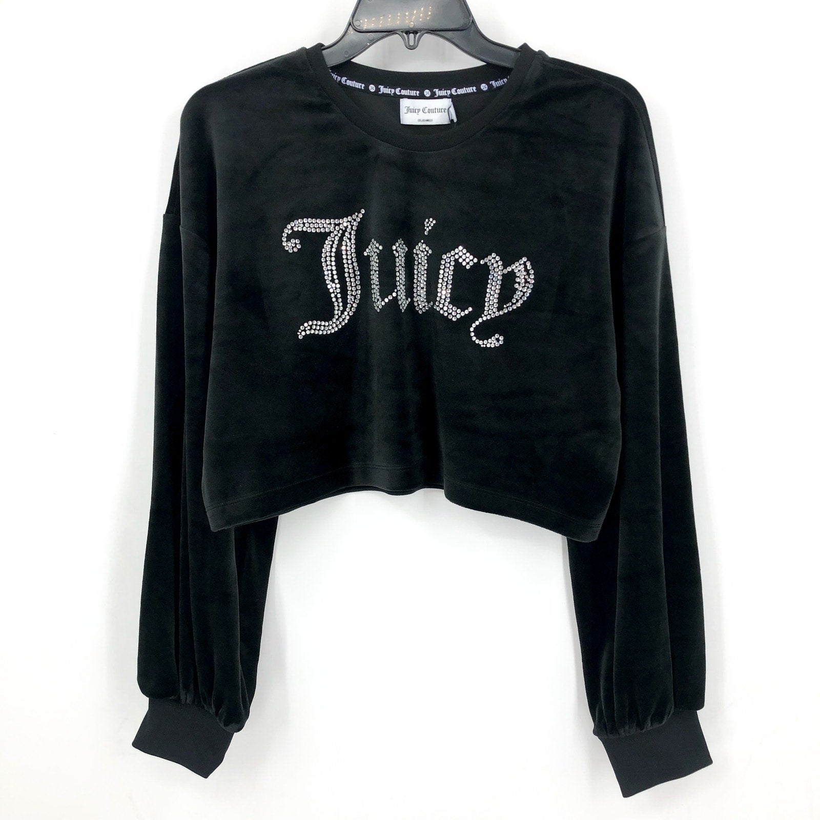 JUICY COUTURE Womens Balloon Sleeve Crop Sweatshirt Large Black Liquorice NWT