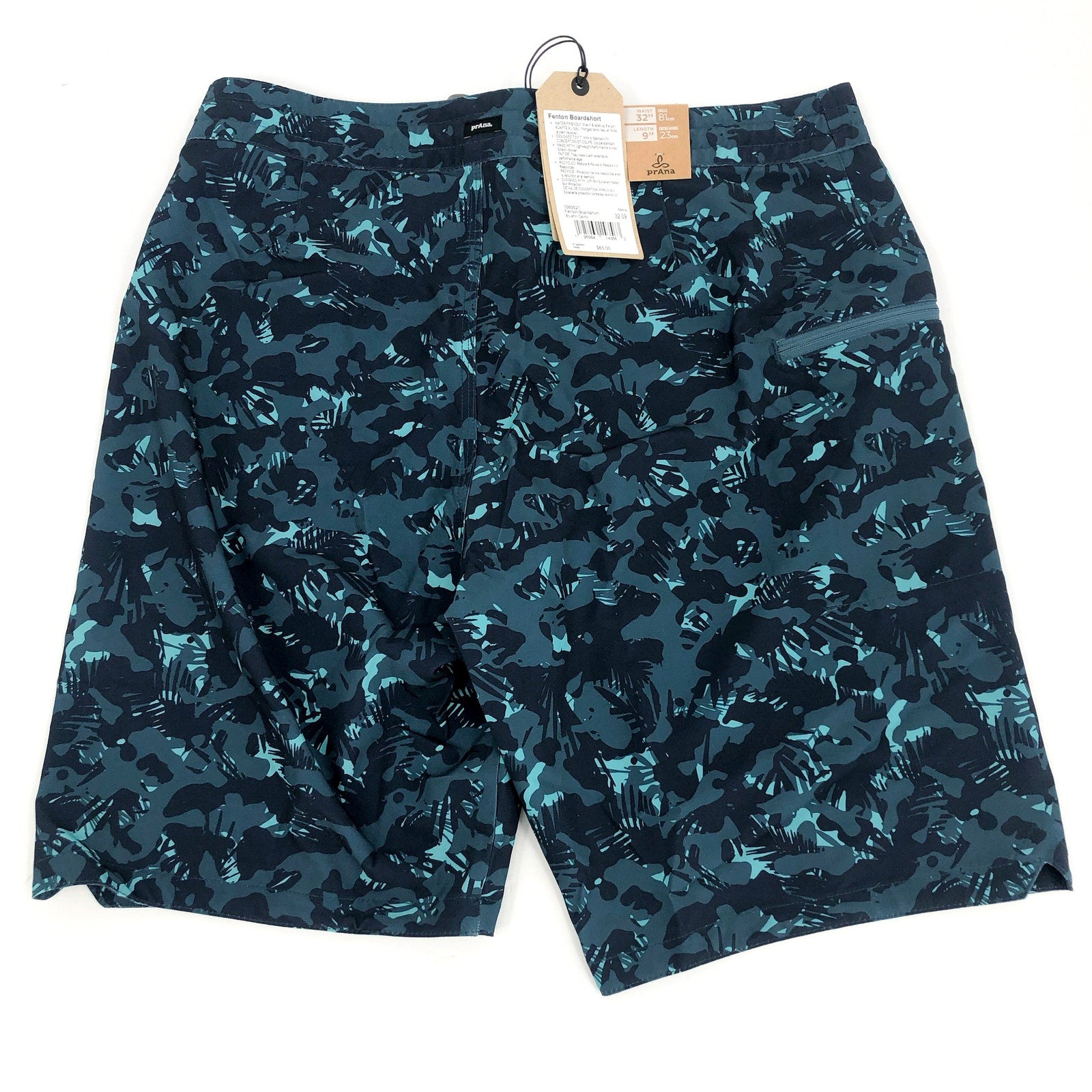 PRANA Mens Fenton Board Shorts Size 32 Medium Bluefin Camo 9" Inseam UPF 50+ NWT