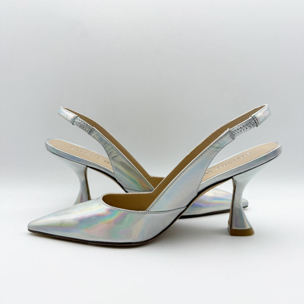 Stuart Weitzman Womens Xcurve 85 Slingback Heels US 6.5 Silver Sling Back NWOB