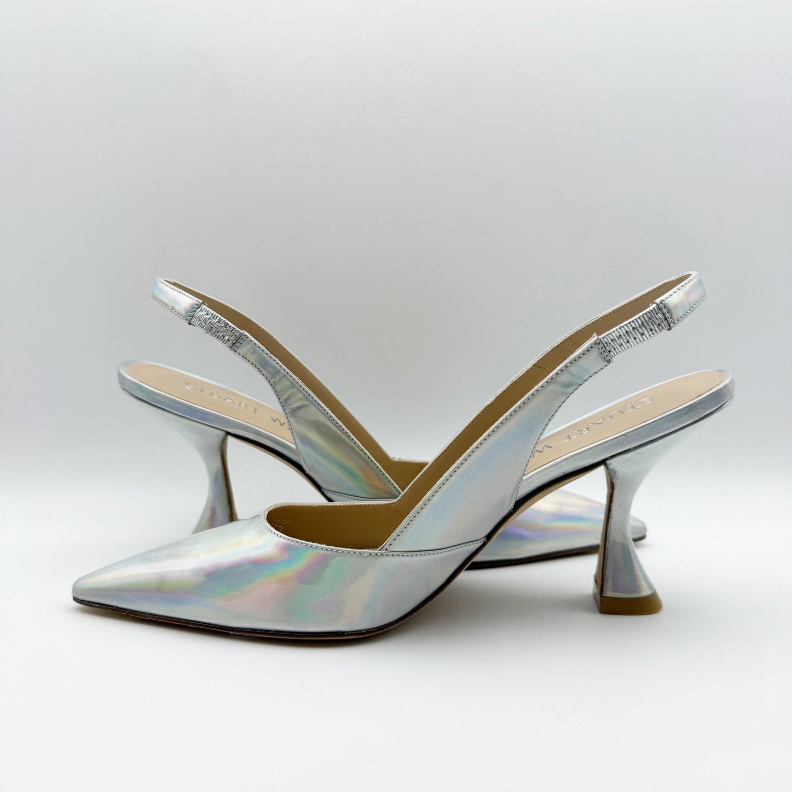 Stuart Weitzman Womens Xcurve 85 Slingback Heels US 6.5 Silver Sling Back NWOB