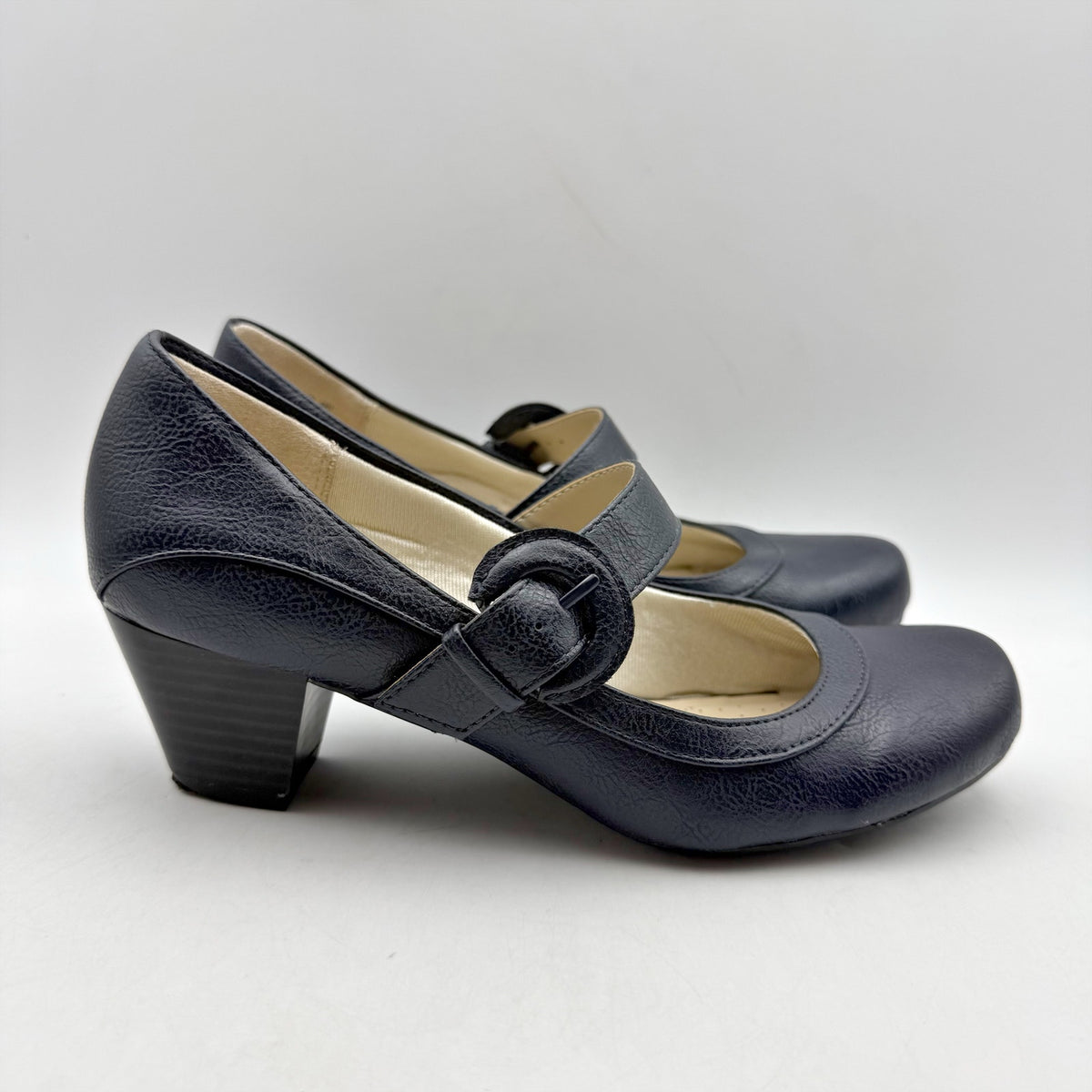 LifeStride Womens Rozz Mary Janes Heels Size 7 WIDE Navy Blue Vegan Leather NIB