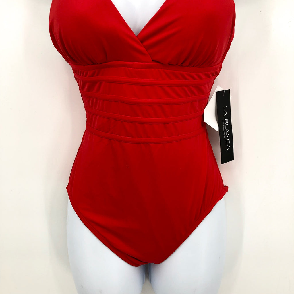 LA BLANCA Island Goddess One Piece Swimsuit Size 12 Cherry Red Cross Back NWT