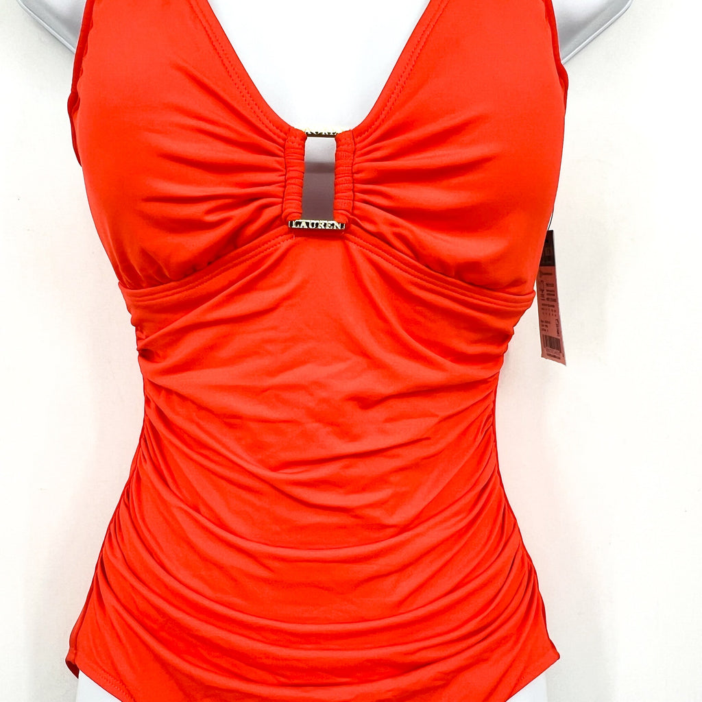 LAUREN RALPH LAUREN Ring One Piece Swimsuit Size 12 Orange Over The Shoulder NWT