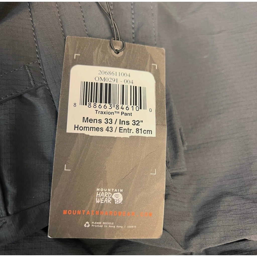 MOUNTAIN HARDWEAR Mens Traxion Pants Size 33x32 Grey Dark Storm Lightweight NWT