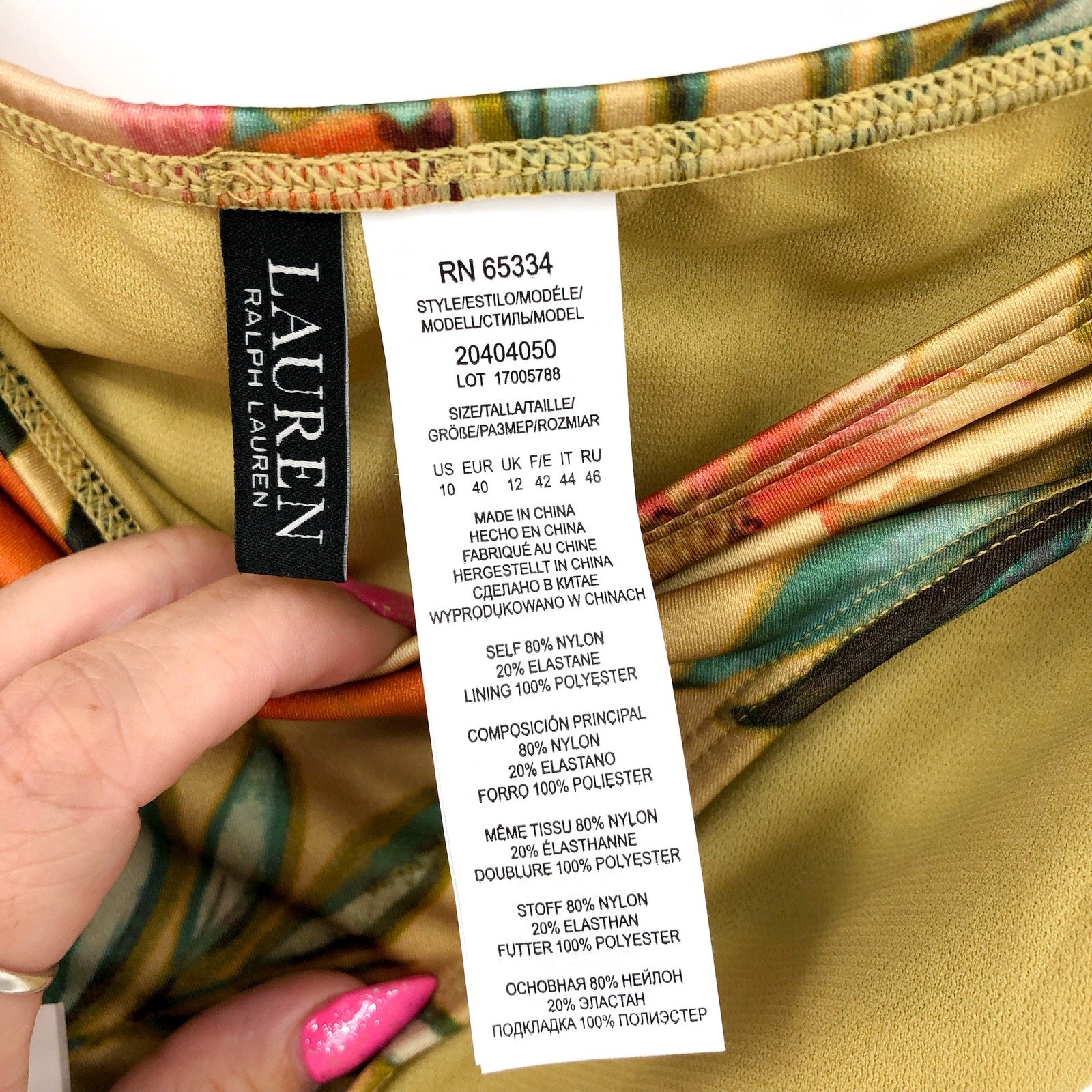 LAUREN RALPH LAUREN Tankini Top & Bottom Set Size 10 Gold Tropical-Print NWOT