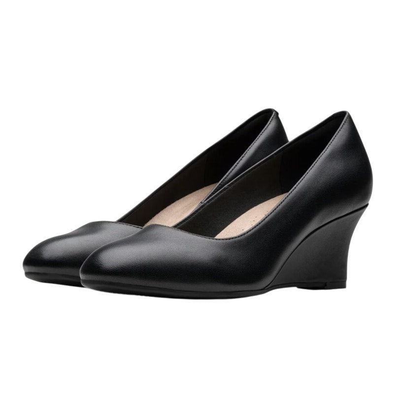 Clarks Womens Olivette Pearl Wedge Pump Size 10 Wide Black Leather NWOB