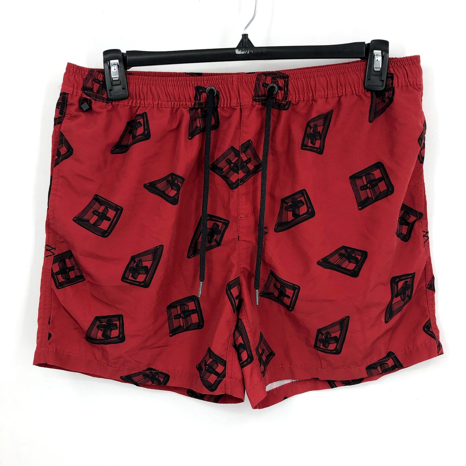 KSUBI Men's 3D Print Swim Board Shorts Large Red Black Drawstring NWT