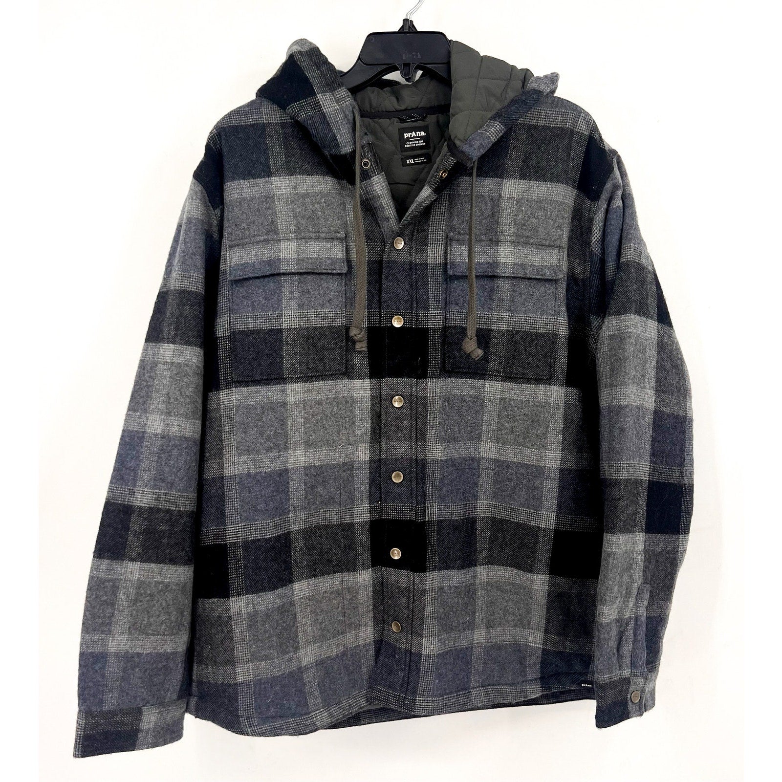 PRANA Men's Asgard Hooded Flannel Shirt Jacket XXL Gray Charcoal Plaid NWT