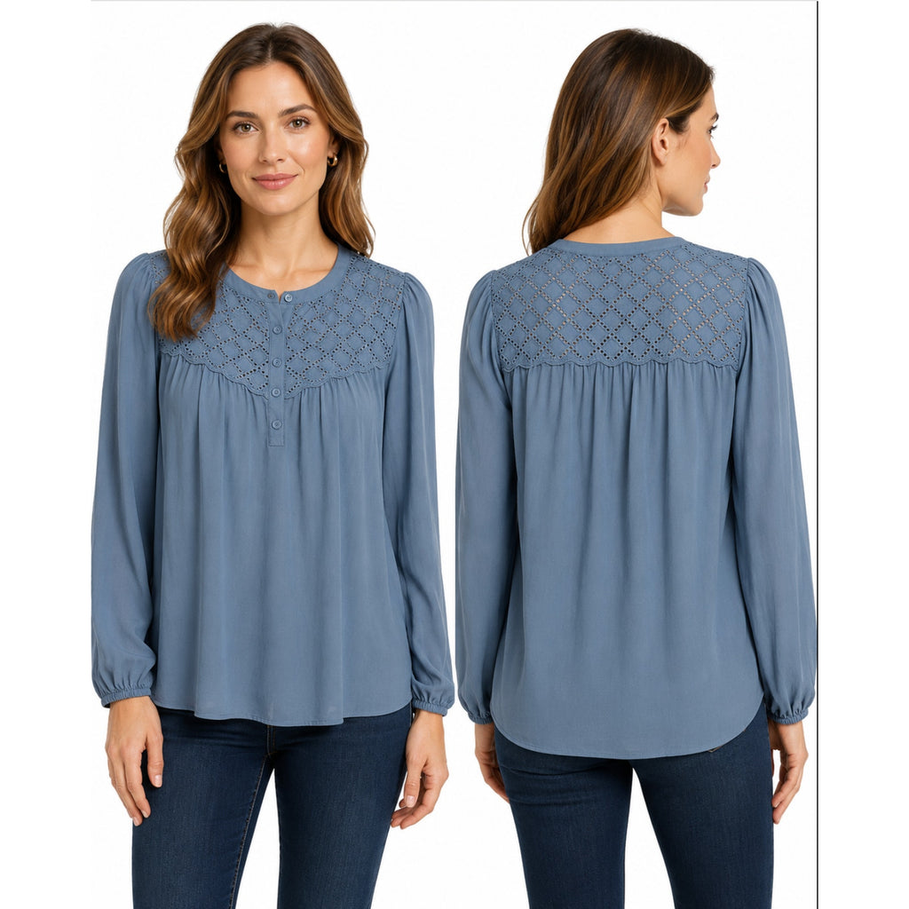 DANIEL RAINN Womens Eyelet Blouse Medium Blue Mirage Puff Long Sleeve NWT