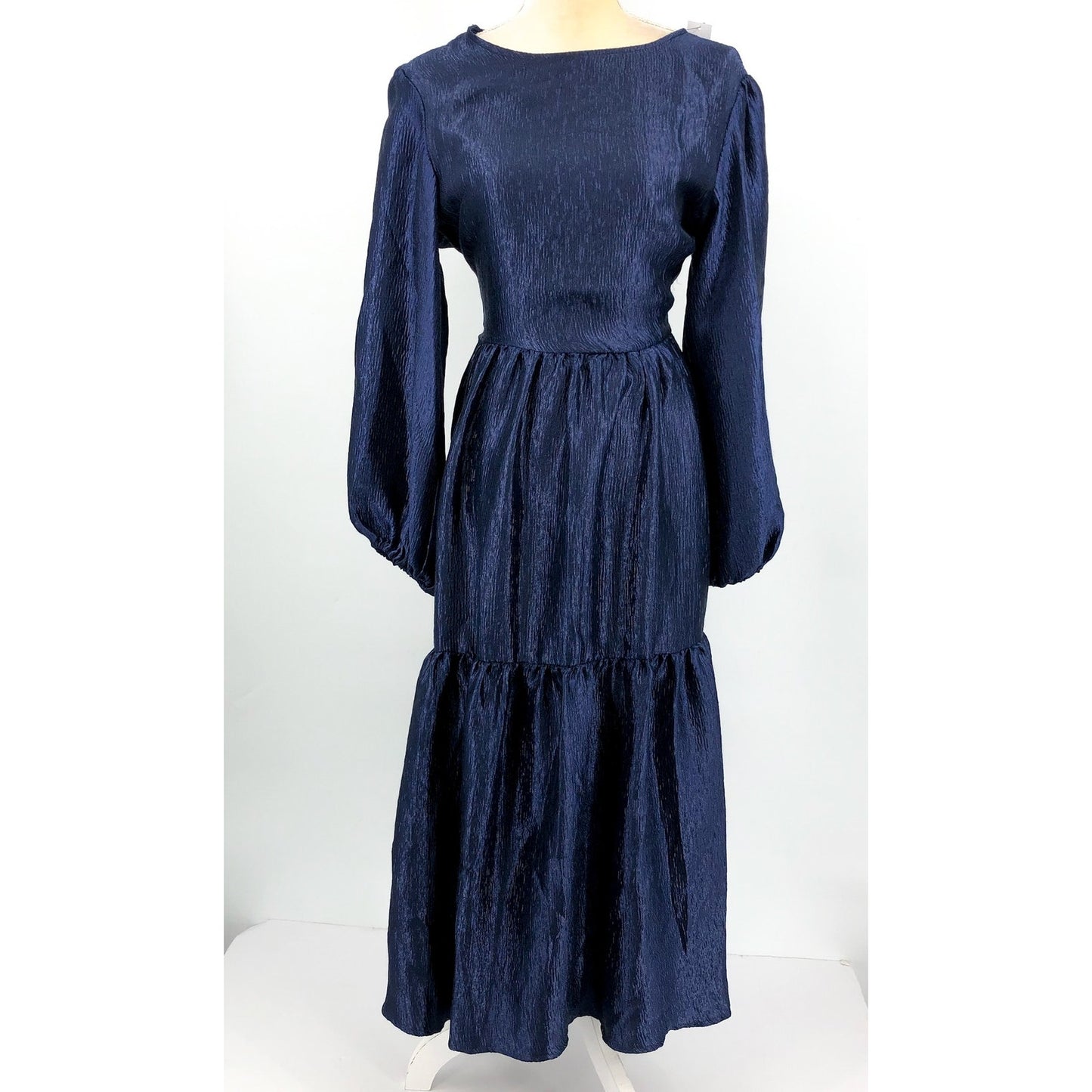 TOPSHOP Open Back Midi Dress Size 8 Midnight Blue Textured Jacquard Boho NWT
