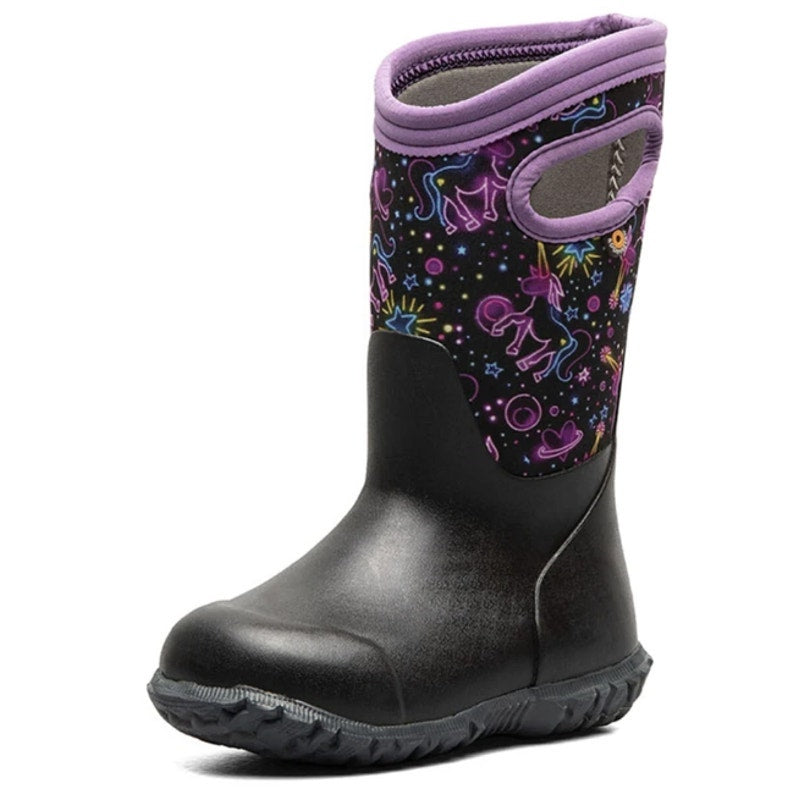 Bogs Girls York Rain Boots Size 5 Black Purple Neon Unicorn Waterproof NWOB