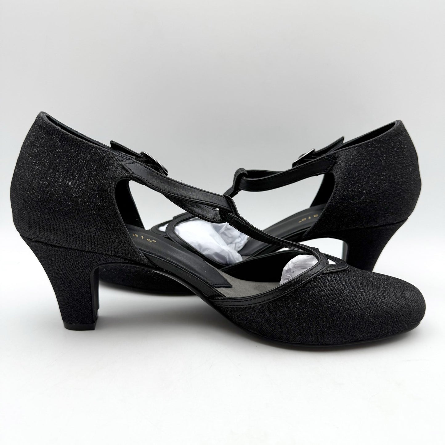 David Tate Womens Fantastic Heels 10 NARROW Black Glitter Fabric T-Strap NIB