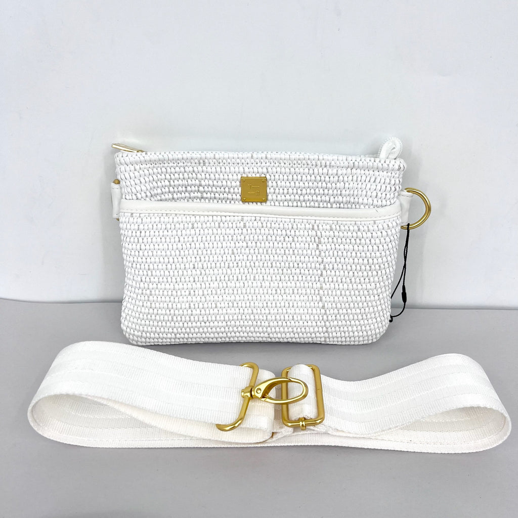 THINK ROYLN Women's Raffia Bum Bag 2.0 White /Gold Crossbody Strap NWOT