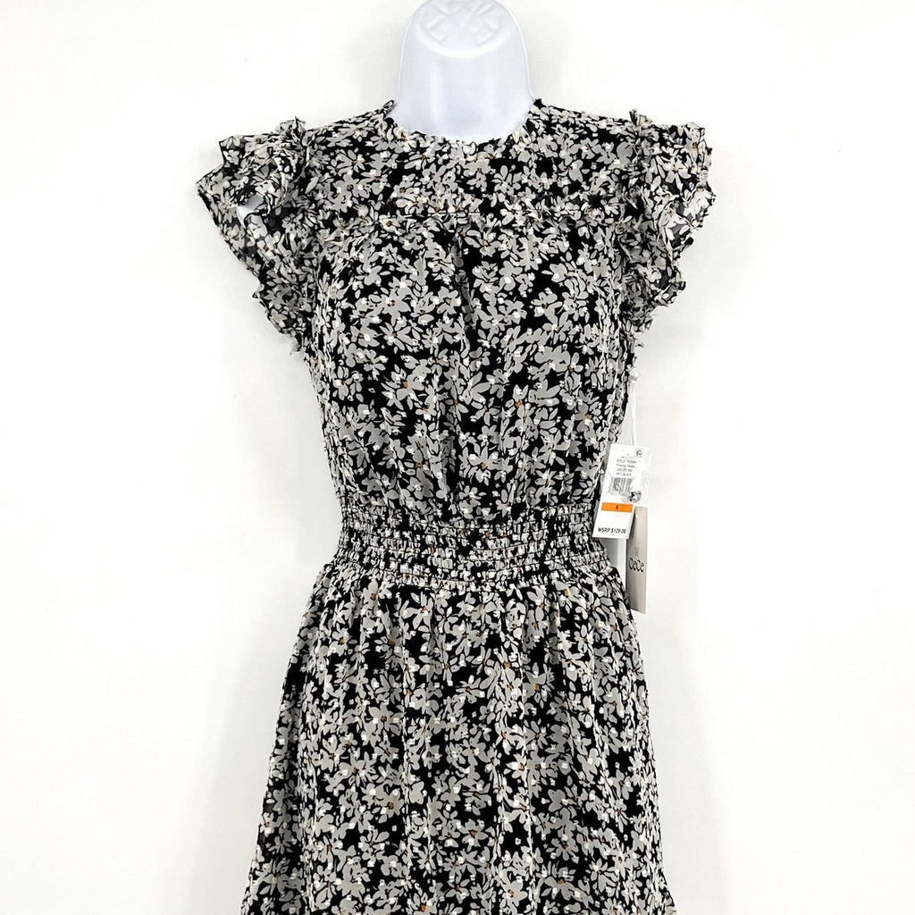 CECE Women's Floral Print Midi Dress Small Black White Smocked Waist NWT