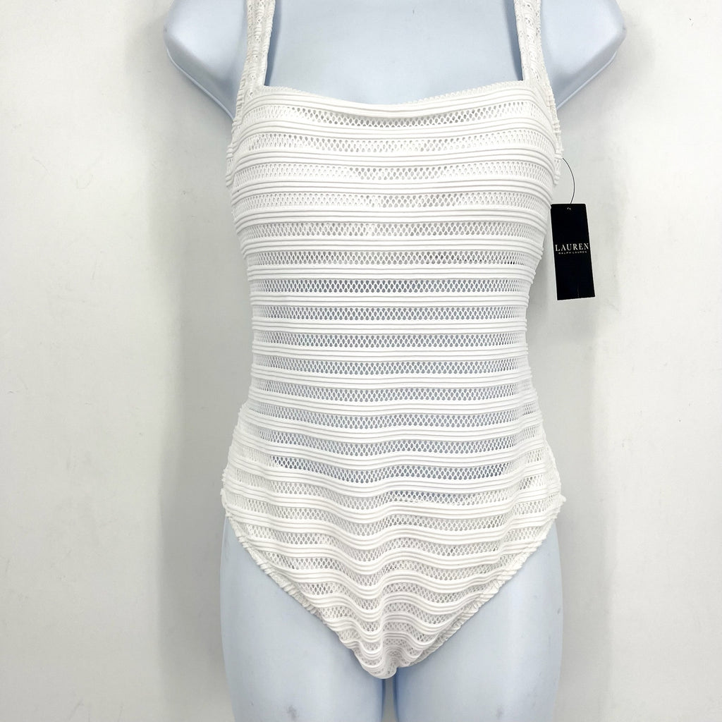 LAUREN RALPH LAUREN Ottoman One Piece Swimsuit Size 6 White Mesh Stripe NWT